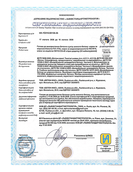 Сертифікат відповідності бетонної продукції Бетон Мікс